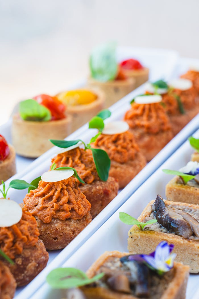 Colorful array of gourmet appetizers featuring vibrant ingredients and elegant presentation on a white platter.